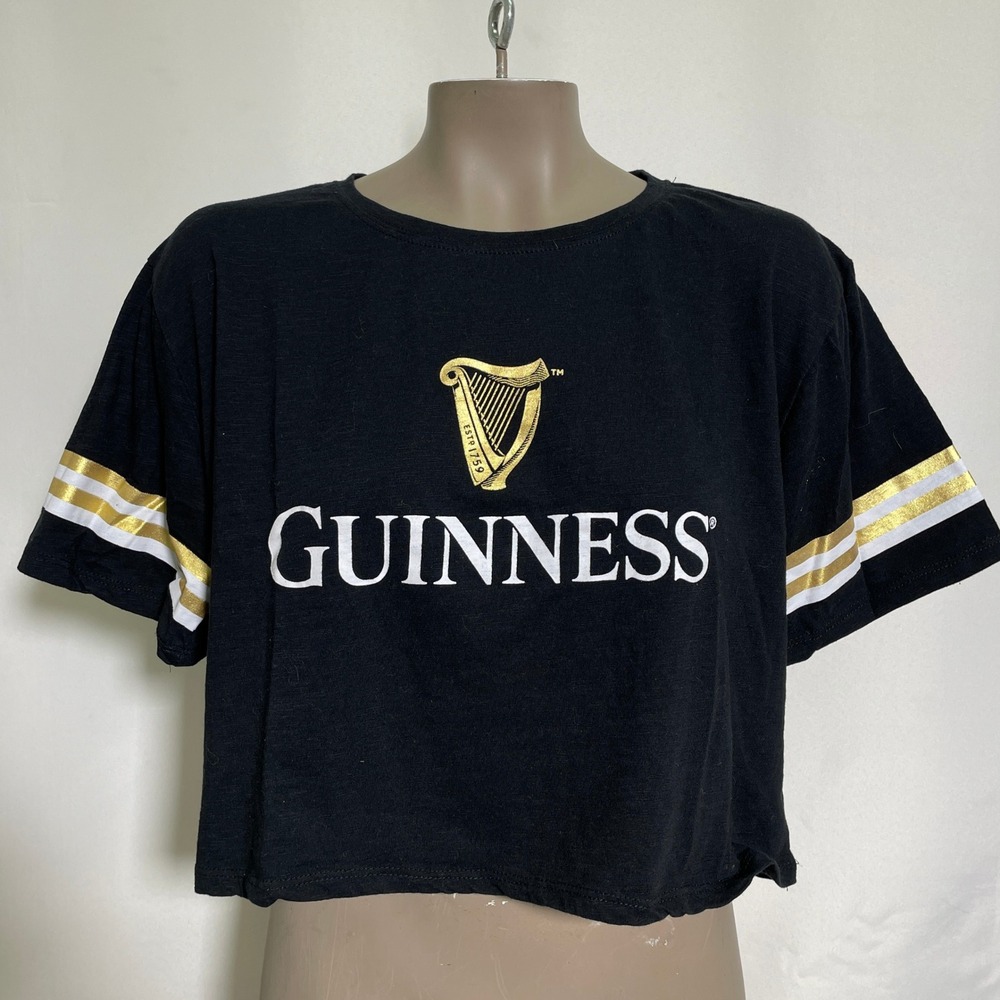 Guinness Gold Harp Stripe Sleeve Black Cropped T-Shirt Women's XXL